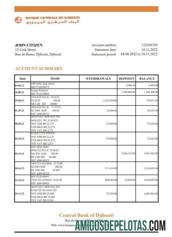 Exemplo de declaração Xls do Banco Central do Djibuti